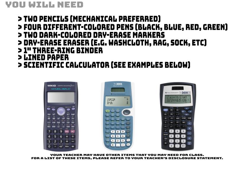 Math Supplies Lists