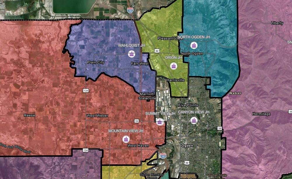 Map depicting boundaries for each junior high school in Weber School District for the school year (23-24)